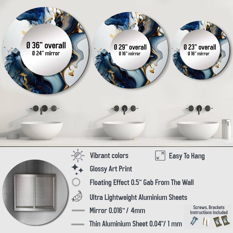 Designart "Abstract Geode Marble Blue I" Marble Abstract Wall Mounted Round Mirror - Blue Modern Large Mirror Wall Décor