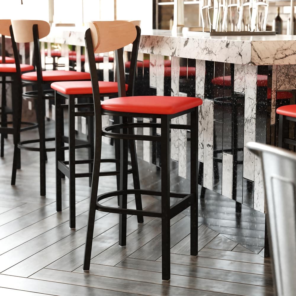 Commercial Metal Barstool with Wood Seat and Boomerang Back