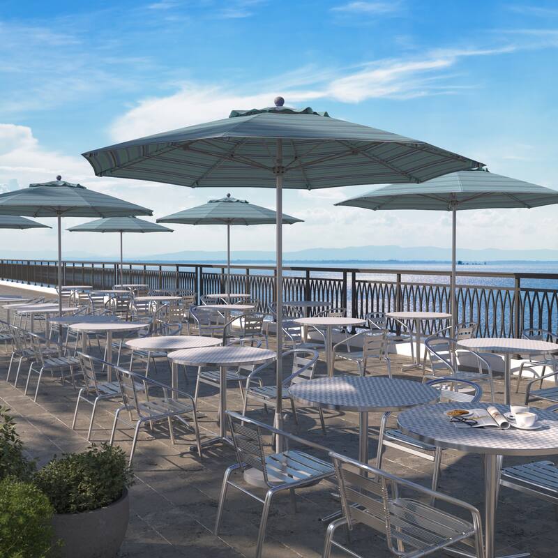 California Umbrella 9' Rd. Aluminum Frame, Fiberglass Rib Patio Umbrella, Push Open,Anodized Silver Finish, Sunbrella Fabric - Dolce Oasis