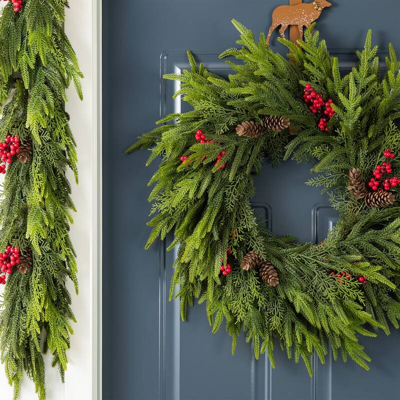 Glitzhome Christmas Greenery PE Dripping Wreath & Teardrop Set