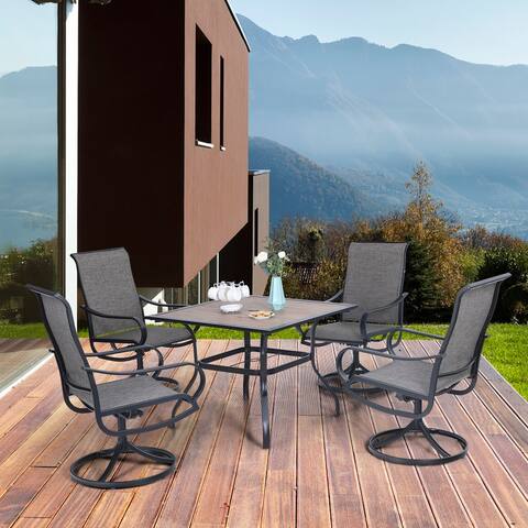 MFSTUDIO 5 Pieces Patio Dining Set, 4 Sling Dining Swivel Chairs and 37" Square Metal Table with Wood-Like Top
