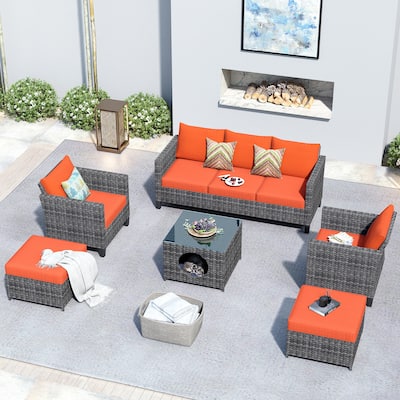 OVIOS 6-piece Patio Wicker Conversation Sectional Set With Circular-shaped Storage Table