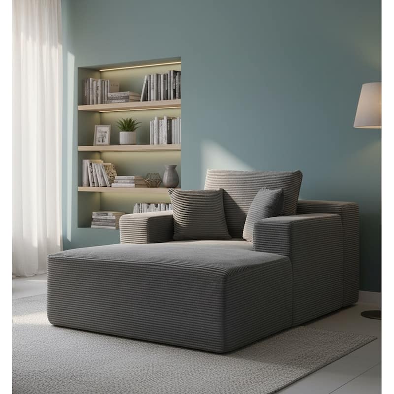 Convertible Chaise Lounge Chair Indoor - Oversized Corduroy Couch with Wide Armrest & Throw Pillows