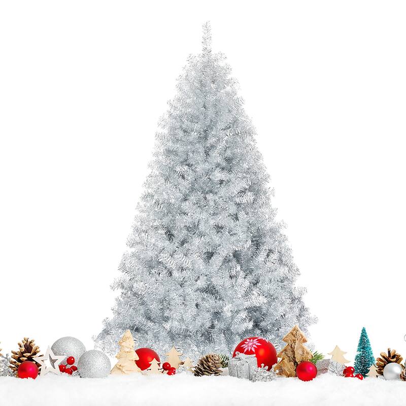 6 Ft Artificial Christmas Tree Silver Tinsel Hinged Tree for Holiday