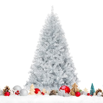6 Ft Artificial Christmas Tree Silver Tinsel Hinged Tree for Holiday