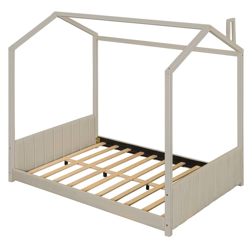 Beige Full Size Velvet House Bed Frame for Kids with Roof Design & Modern Headboard, Solid Wood Construction