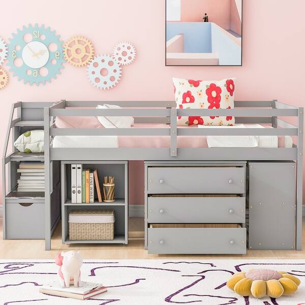 slide 2 of 9, Gray Full Size Solid Wood Loft Bed with Retractable Desk, Storage Stairs, Storage Drawers, and Shelves Gray