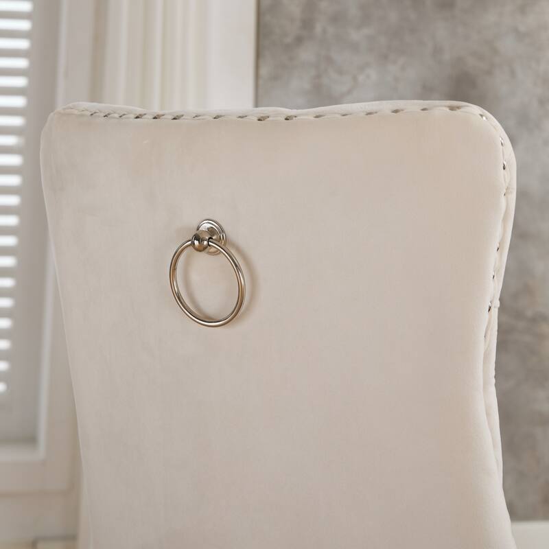 Velvet Upholstered Dining Chairs Set of 2, Kitchen Chairs with Nailhead Trim & Metal Pulling Ring, Accent Chair with Wood Legs