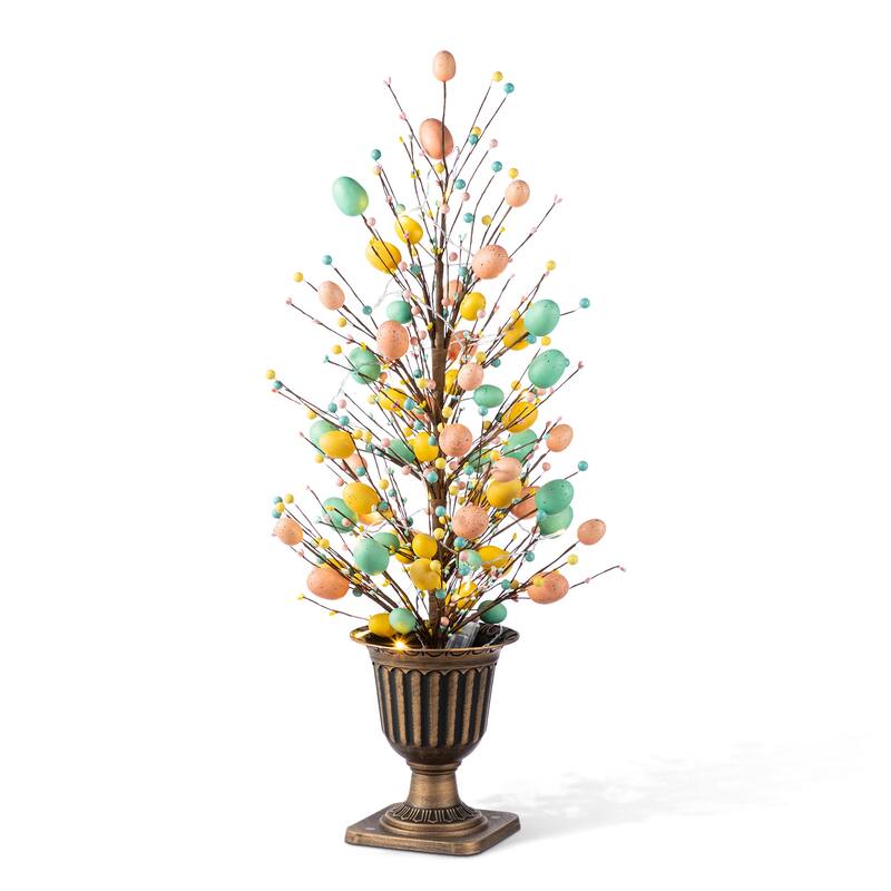Glitzhome 36"H Easter Egg Berries Flower Urn Porch Tree with 20 Warm White Lights and Timer
