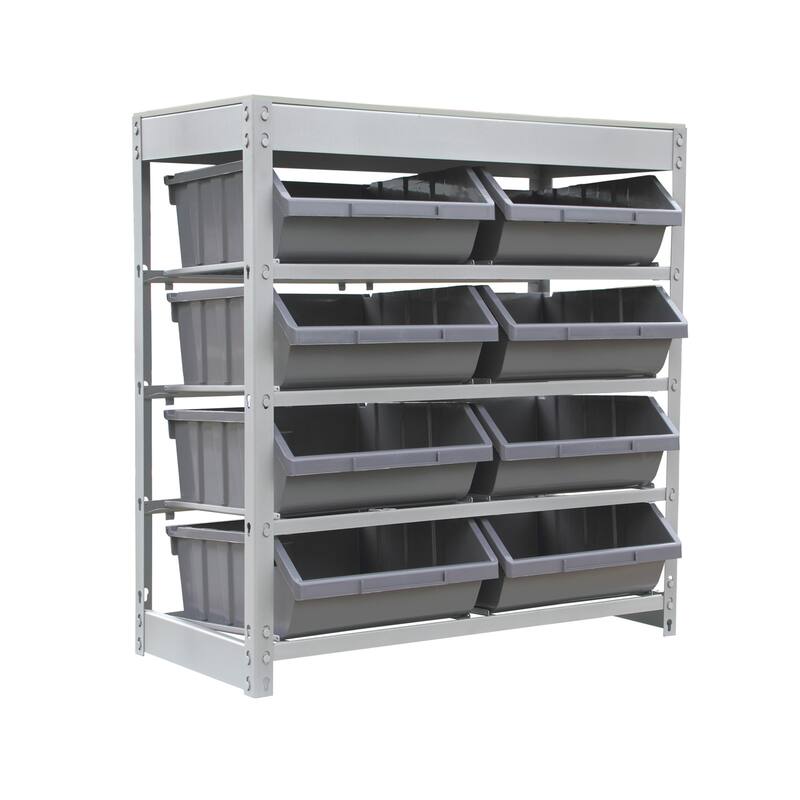 King's Rack Bin Rack Boltless Steel Storage System Organizer w/ 8 Plastic Bins in 4 tiers.