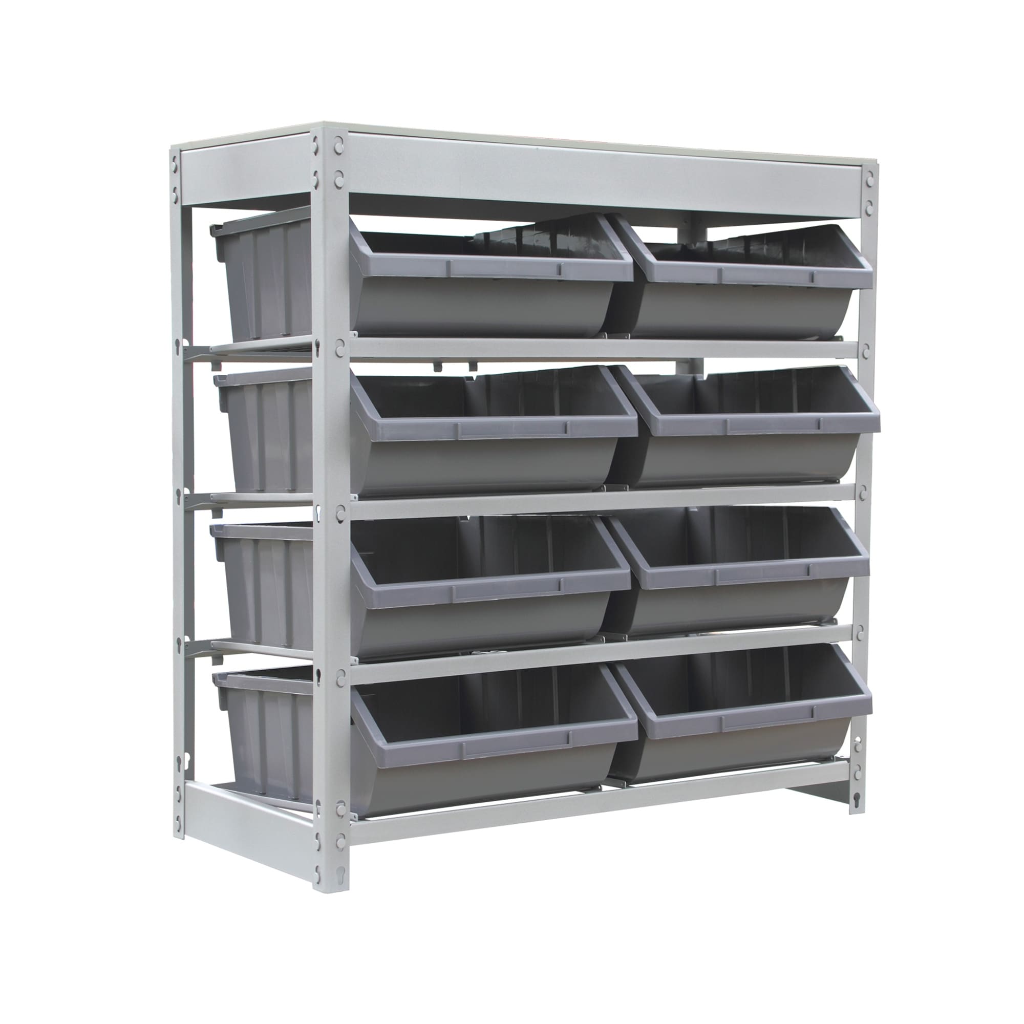 King's Rack Bin Rack Boltless Steel Storage System Organizer w/ 8 Plastic Bins in 4 tiers.