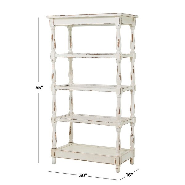 Wood Distressed Open 5 Shelf Shelving Unit with Spindle Sides and Mesh White Roche River Decor 16 Wx30 Lx55 H