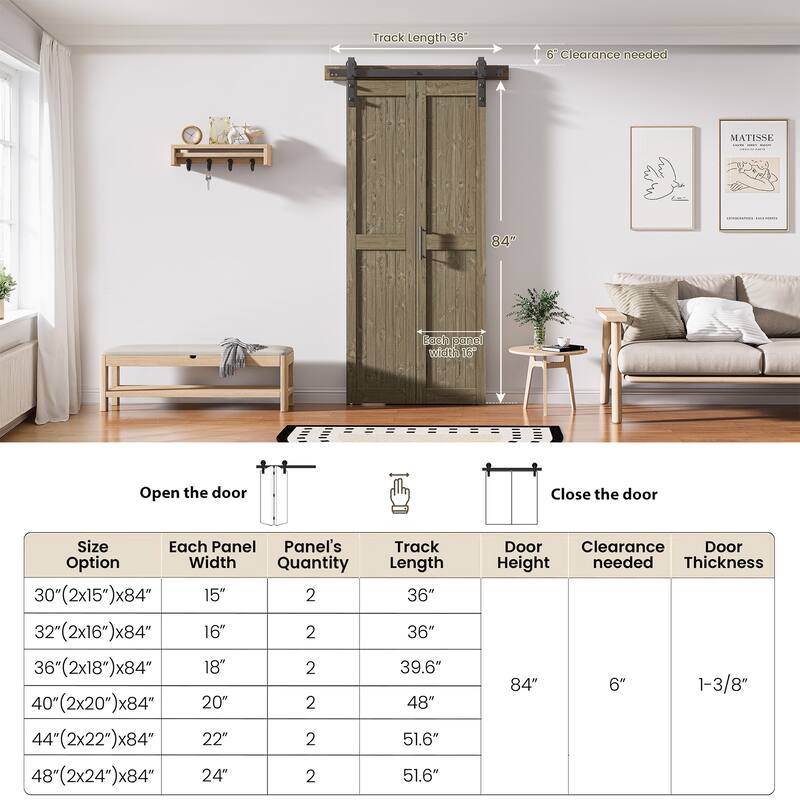 Assembled 30in./32in./36in./40in./44in./48in. x 84 in. Solid Core Pine Wood Bi-Fold Door With Hardware Kit