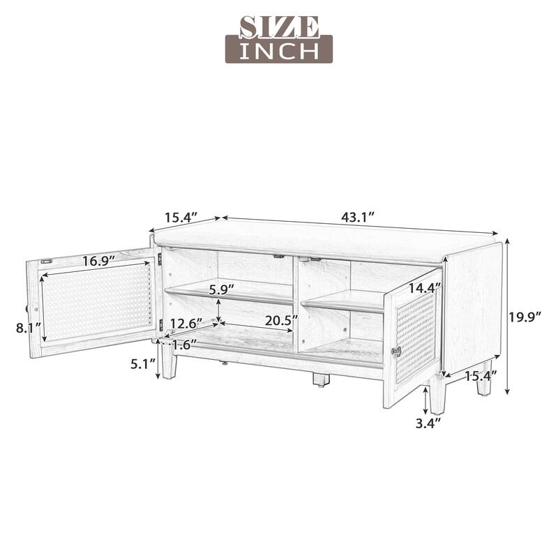 Rattan Entryway Bench Shoe Bench with Storage, Indoor Bench Beige Gray Wash Lounge Bench Ottoman Window Bench