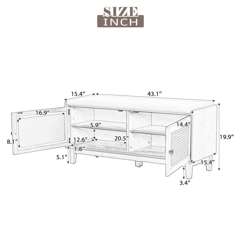Rattan Entryway Bench with Storage, Cushioned Shoe Bench with Double Doors, Wooden Shoe Organizer Bench for Entryway