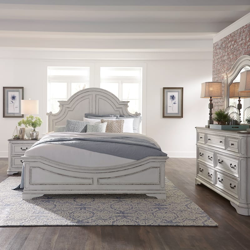 Magnolia Manor Panel Bed, Dresser and Mirror, and Nightstand Set - Antique White - Queen