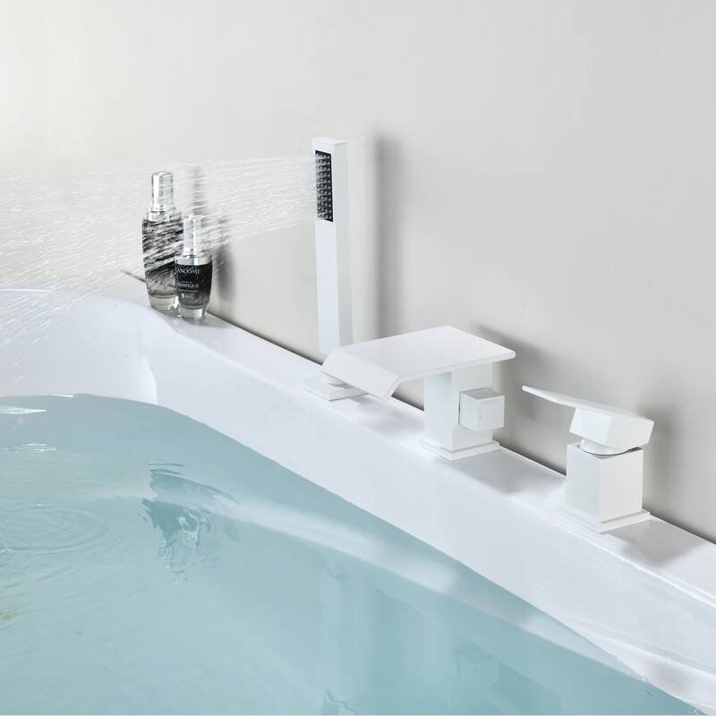 Deck Mount Tub Faucet with Hand Shower Brass Waterfall Bathtub Faucet Single Handle Roman Tub Filler