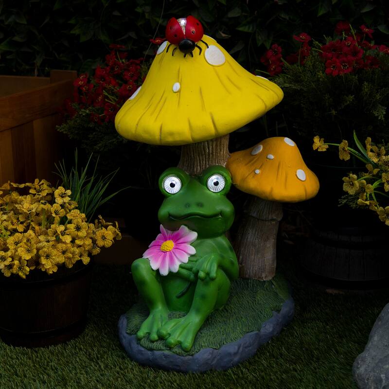 Solar Frog Relaxing Under Mushrooms Statue
