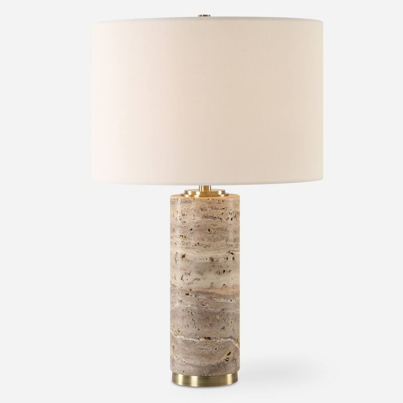 Travertine Table Lamp with Round Shade - 23.25" - Antique Brass