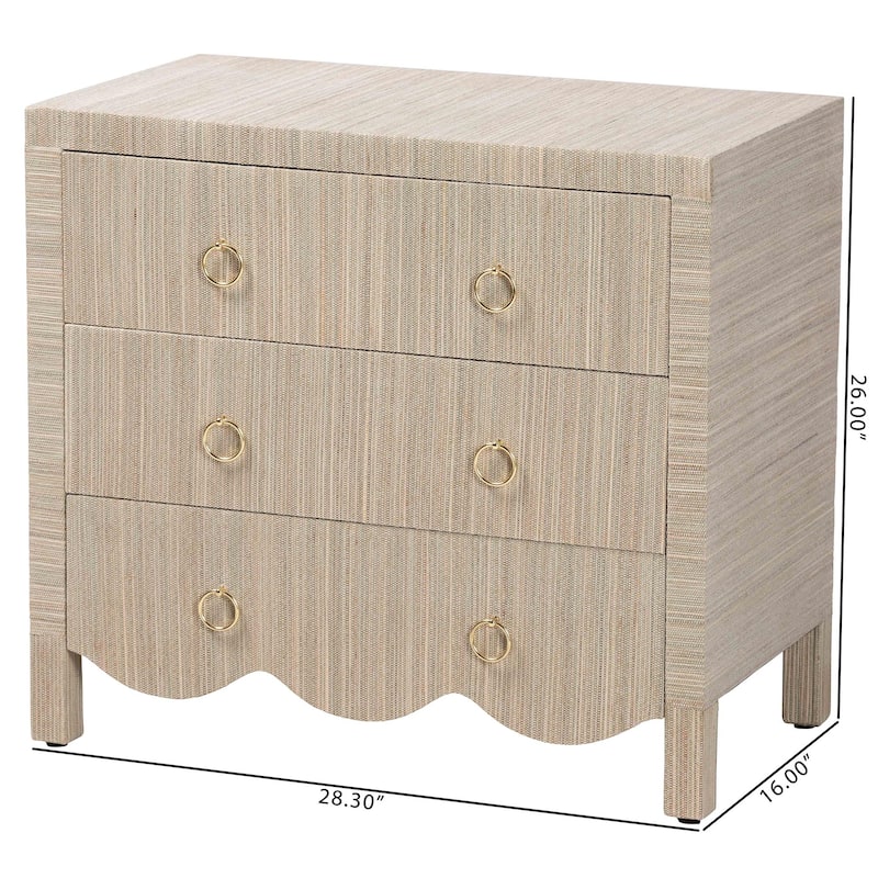 Umika Grasscloth Nightstand with Scalloped Base - 3-Drawer Accent Chest with Gold Ring Pulls, Bedroom Storage Table