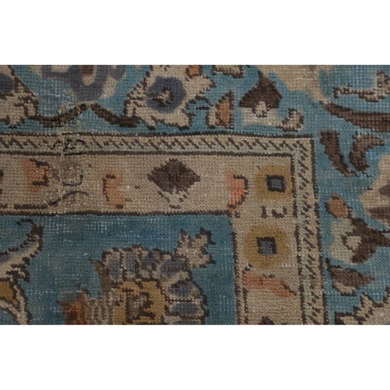 Light Blue Distressed Tabriz Persian Antique Rug Handmade Wool Carpet - 10'2" x 13'2"