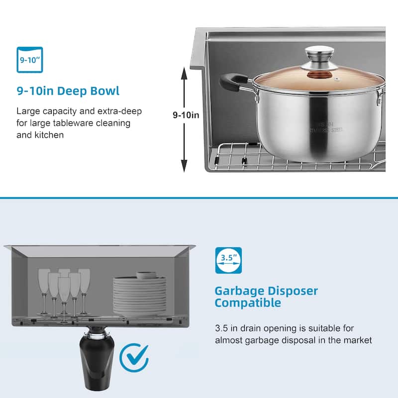 CB HOME 32'' Undermount Kitchen Sink,Drop in Single Bowl Stainless Steel Sink with Basket Strainer&Bottom Grid&Roll Up Dish Rack