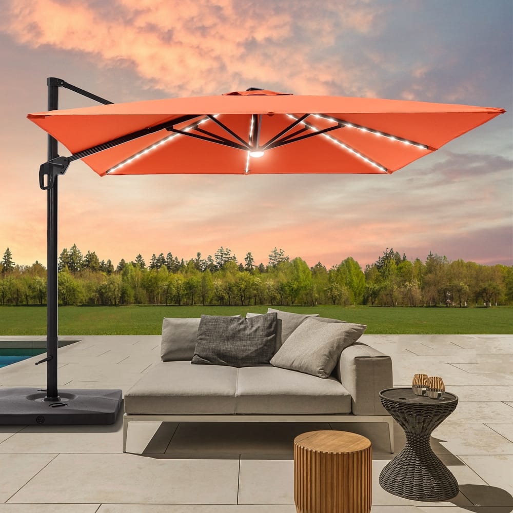 BONOSUKI 10x10FT LED Cantilever Patio Umbrella Angle Adjustment w/Base