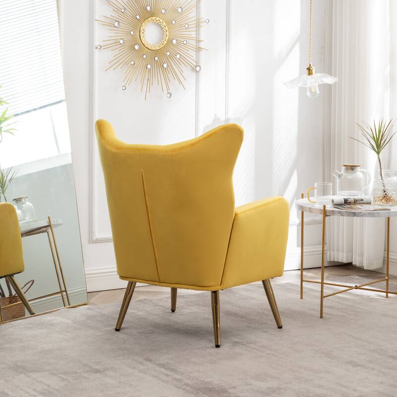 Velvet Upholstered Armchair Single Sofa Chair with Button Tufted Backrest, Yellow Dining Chair Office Chair with Metal Legs