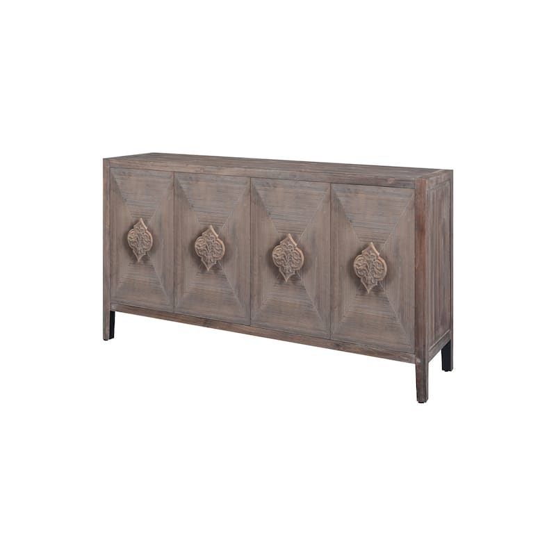 Carved Flower Door Handle, Antique Four Door Cabinet for Living Room Kitchen Hallway