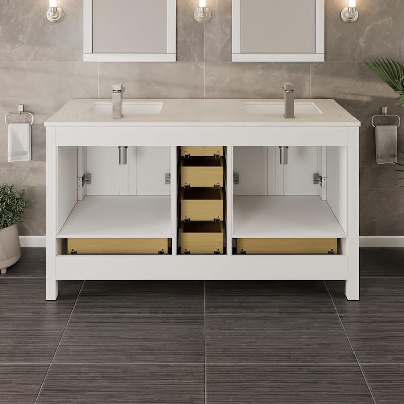 Eviva London 60"W x 21"D White Double Sink Bathroom Vanity with Carrara Quartz Countertop and Undermount Porcelain Sink - 60"