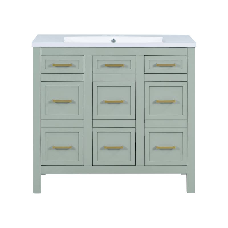 36" Bathroom Vanity Cabinet with Center Rectangular Resin Sink, 4 Drawers Bathroom Storage Cabinet w/ Adjustable Shelves, Green