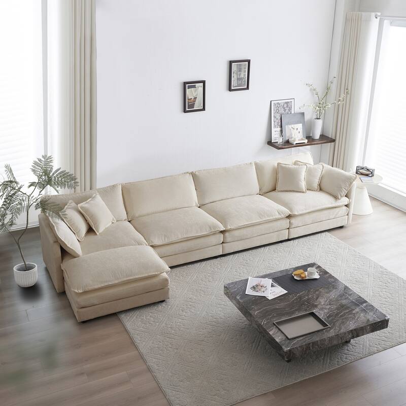 Modular L-Shaped Sectional Sofa, 5-Seater Chenille Upholstered Convertible Couch with 1 Ottoman
