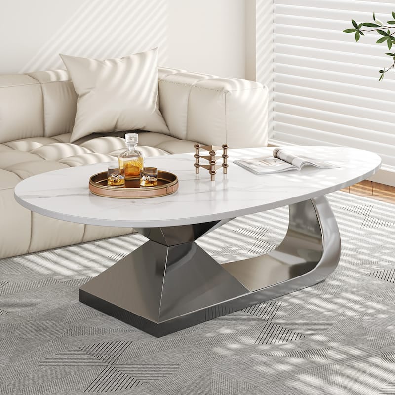 GDFStudio - Contemporary 51.2" Oval Sintered Stone Coffee Table with Sculptural Stainless Steel Base - Dark Gray+White