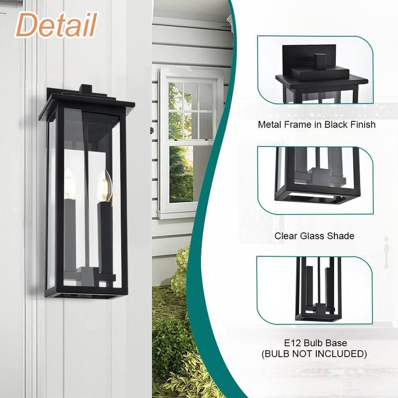 2-Light Outdoor Wall Sconce, Exterior Porch Light Wall Mount Lantern with Clear Glass for House, Farmhouse Sconces Lantern - Black