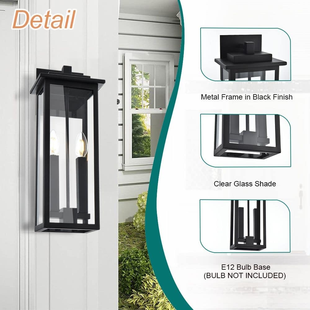 2-Light Outdoor Wall Sconce, Exterior Porch Light Wall Mount Lantern with Clear Glass for House, Farmhouse Sconces Lantern