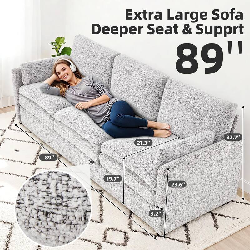 AECOJOY 89" Comfy Sofa Couch for Living Room, 3 Seats Large Modern Chenille Sofa with 2 Removable Pillow