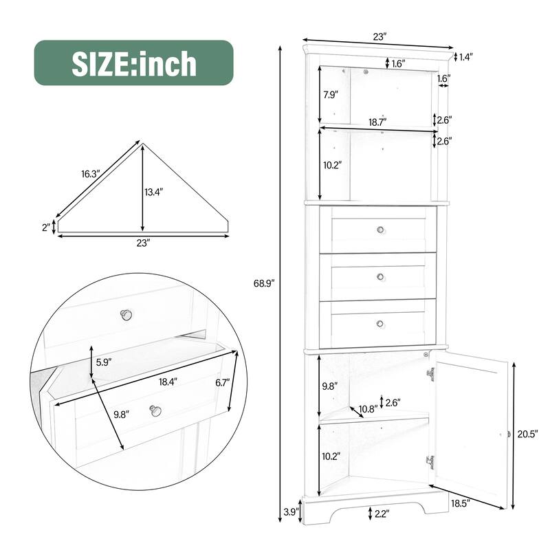 Green Bathroom Corner Storage Triangle Tall w/ Drawers