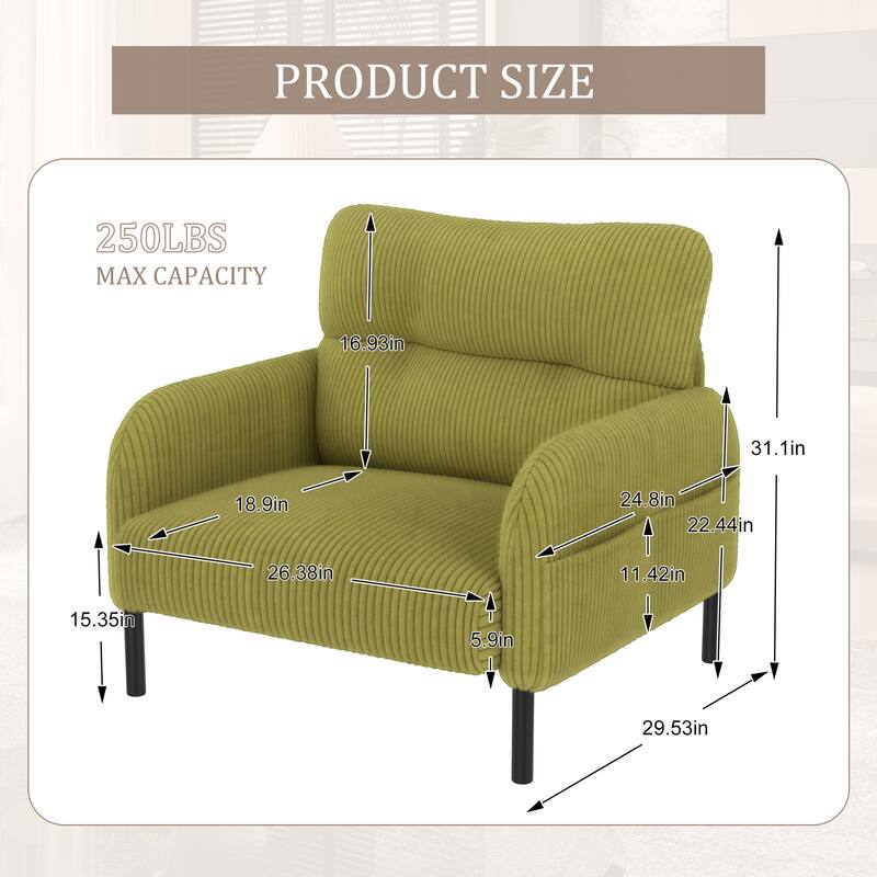 Corduroy Upholstered Single Sofa Chair, Lounge Reading Chair with Side Pockets, Armchair with Solid Wood Frame