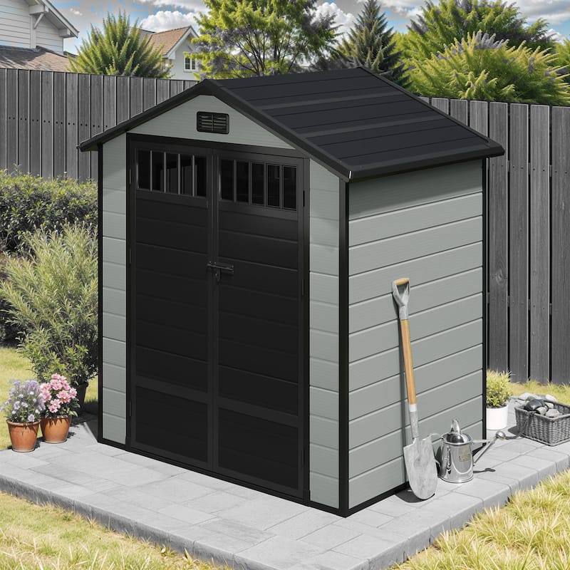 6x4.4 FT Resin Storage Shed with Fence-Style and Side Windows - 6' X 4.4' - Grey