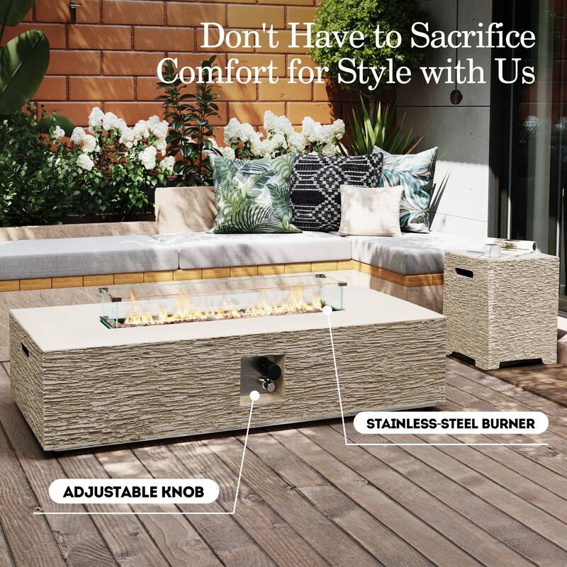 Patio Watcher 56in. Outdoor Rectangle Magnesium Oxide Fire Pit Table with Gas Tank Cover and Wind Guard