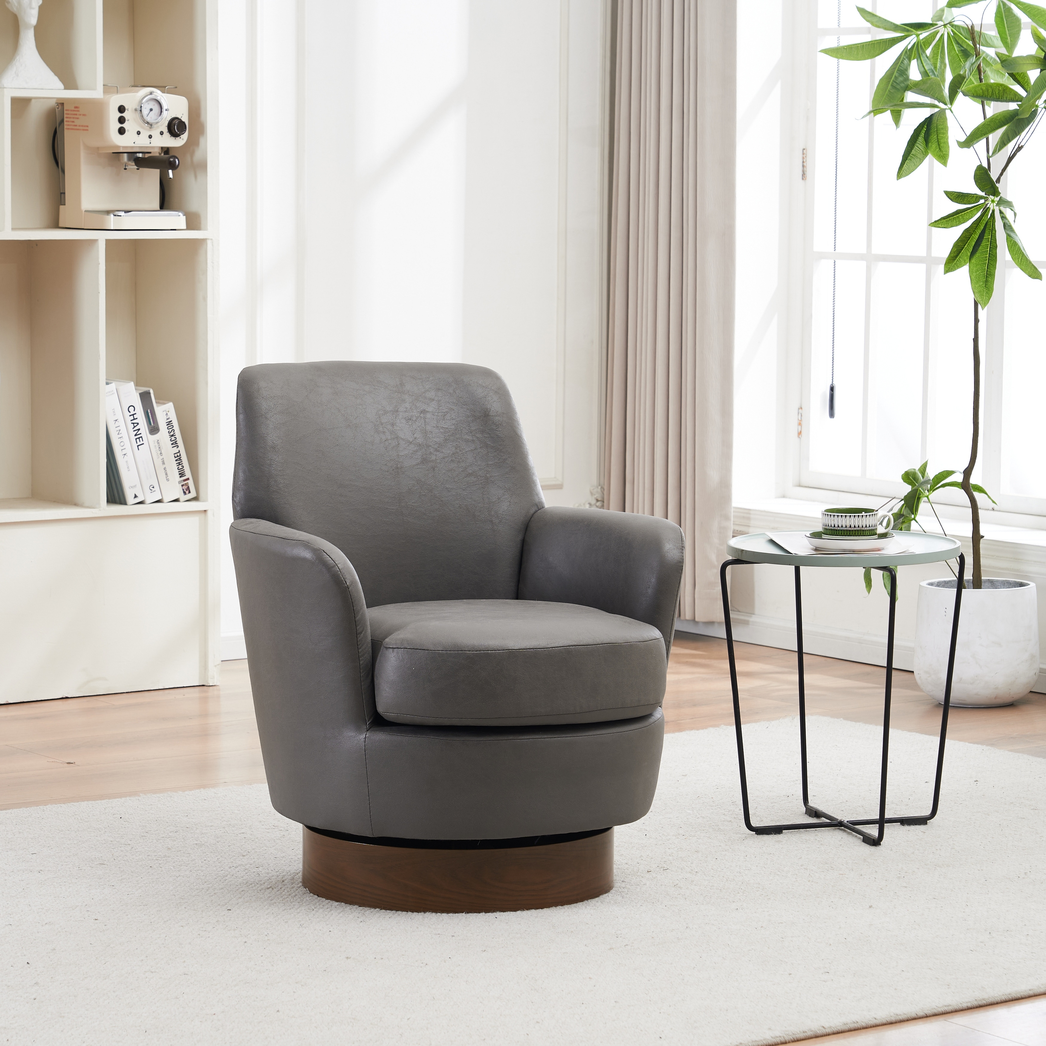 Grey Upholstered Swivel Barrel Chair