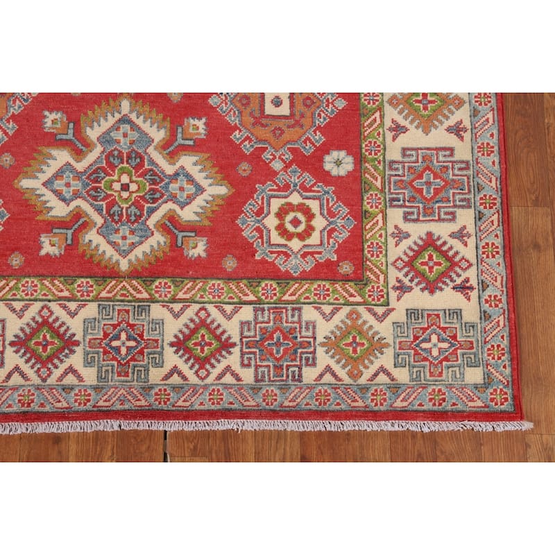 Geometric Kazak Area Rug Handmade Oriental Red Living Room Wool Carpet - 4'11" x 6'8"