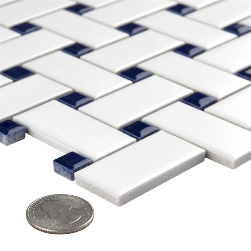 Merola Tile Metro Basketweave White w/ Glossy Cobalt Dot 11-3/4" x 11-3/4" Porcelain Floor and Wall Tile