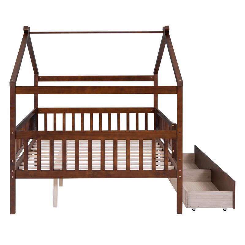 Kids Twin/Full Wooden House Bed with Roof and Storage Drawers, Solid Pine Frame