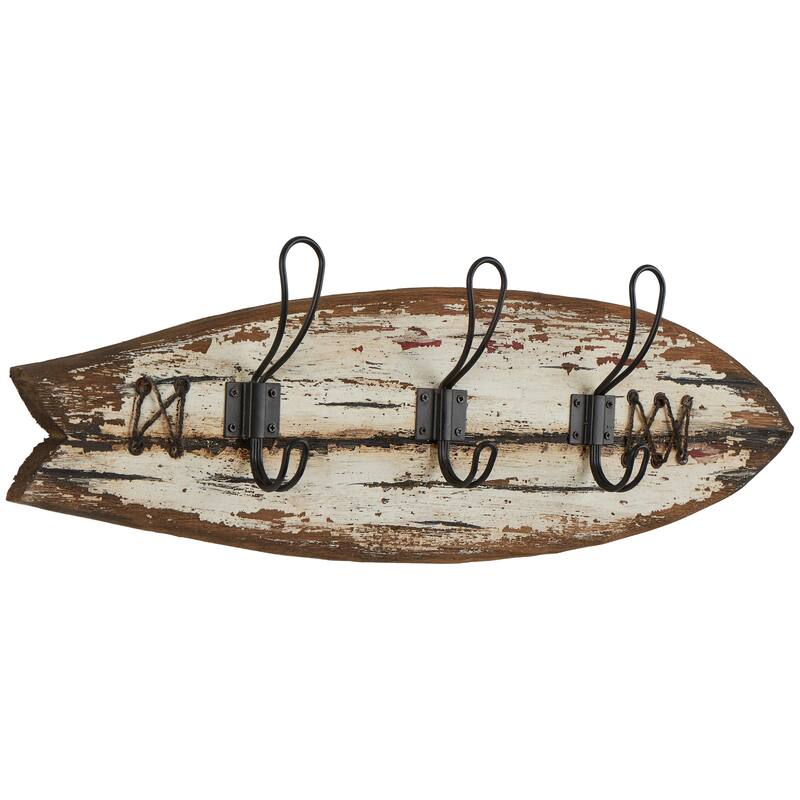 Brown Wood Handmade Distressed 4 Hanger Wall Hook with White Whales and Hanging Rope