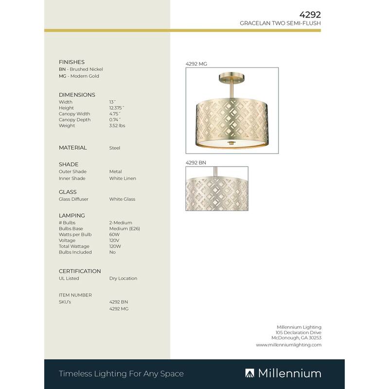 Millennium Lighting Gracelan 2 Light Semi-Flush Mount Ceiling Fixture