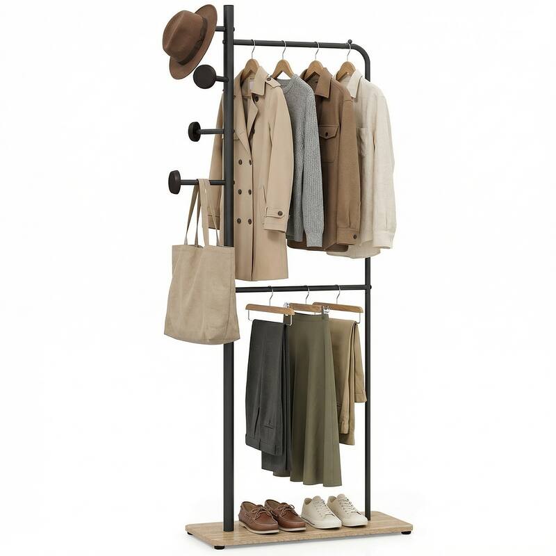 Gymax Double Rods Clothes Hanging Rack Freestanding Clothes Organizer - Natural, Black