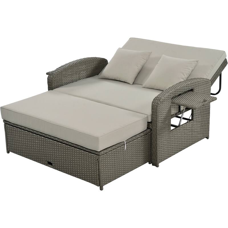 Roomfitters PE Wicker Rattan Double Chaise Lounge Daybed with Adjustable Back and Cushions