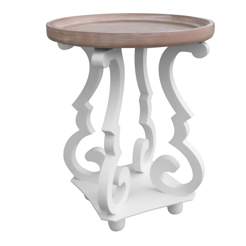 French Country Side Table with Round Tray Top and Curved Legs