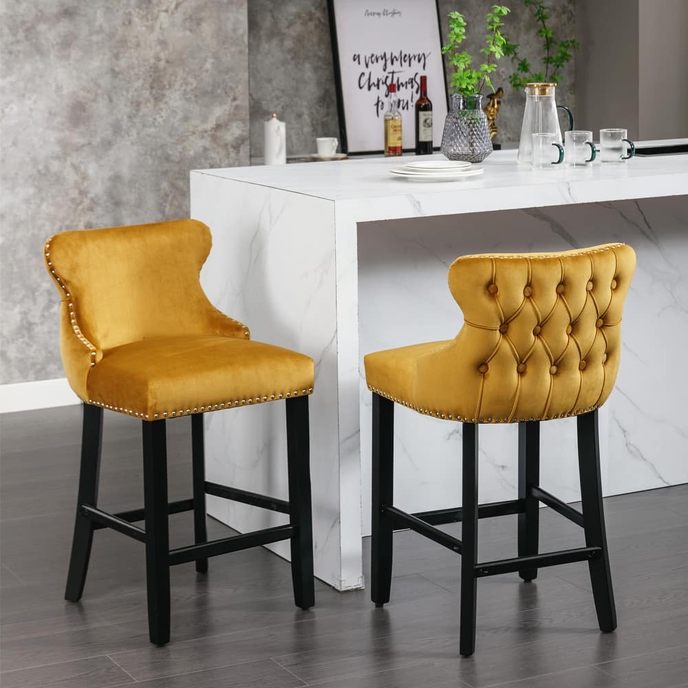 Roomfitters Velvet Wing-Back Bar Stools Set of 2, Tufted Upholstered Counter Chairs with Nailhead Trim and Wooden Legs